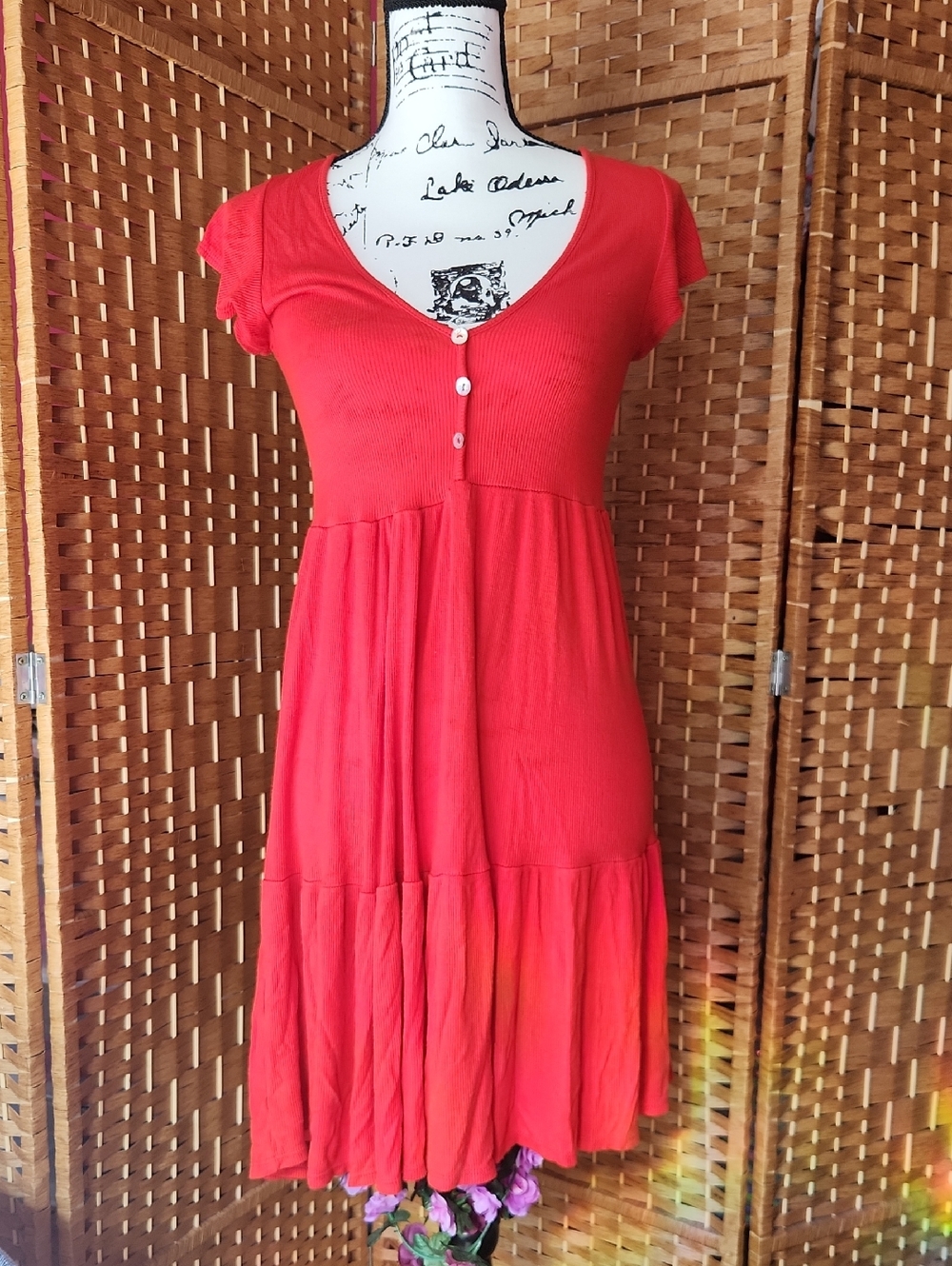See You Monday, Summer, Casual Red Short Sleeve Flowy Tiered Midi Dress Sz M